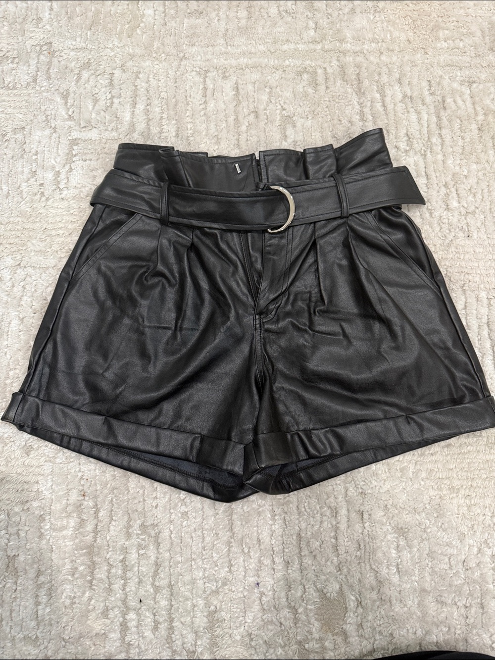 Elan Black High-Waist Faux Leather Belted Shorts
